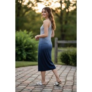 Athleta Striped Sun-kissed Ombre Dress Size L Navy White Blue Sleeveless